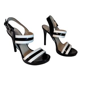 Michael Kors Black White Strappy‎ Heels Sandals 6.5M Patent Leather Ankle Strap